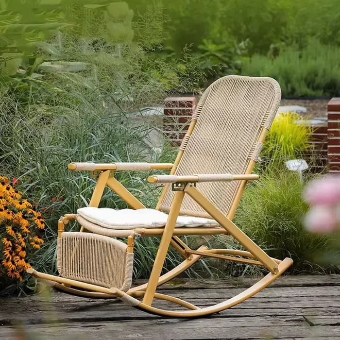 Chaise pliante à bascule en rotin, repose-pieds en bois, Chaise longue de jardin pliante, inclinable, Patio, meubles portables