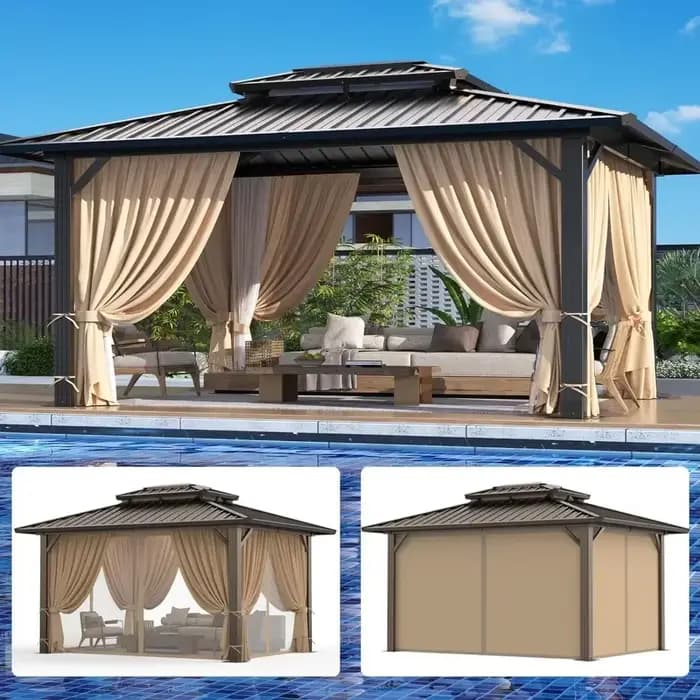 Gazebo rigide avec double toit en acier galvanisé, rideaux et filet ignifuges, gazebo extérieur à cadre en aluminium