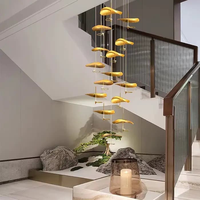 2025 nouveau cuivre Lotus suspension grand lustre moderne pour escalier salon Air Loft sol suspension lampe Lustre luminaire
