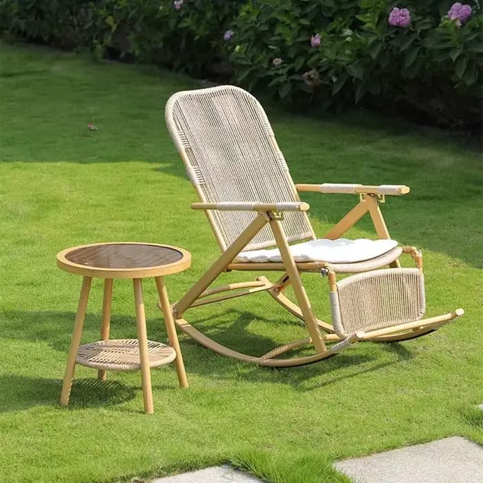 Chaise pliante à bascule en rotin, repose-pieds en bois, Chaise longue de jardin pliante, inclinable, Patio, meubles portables