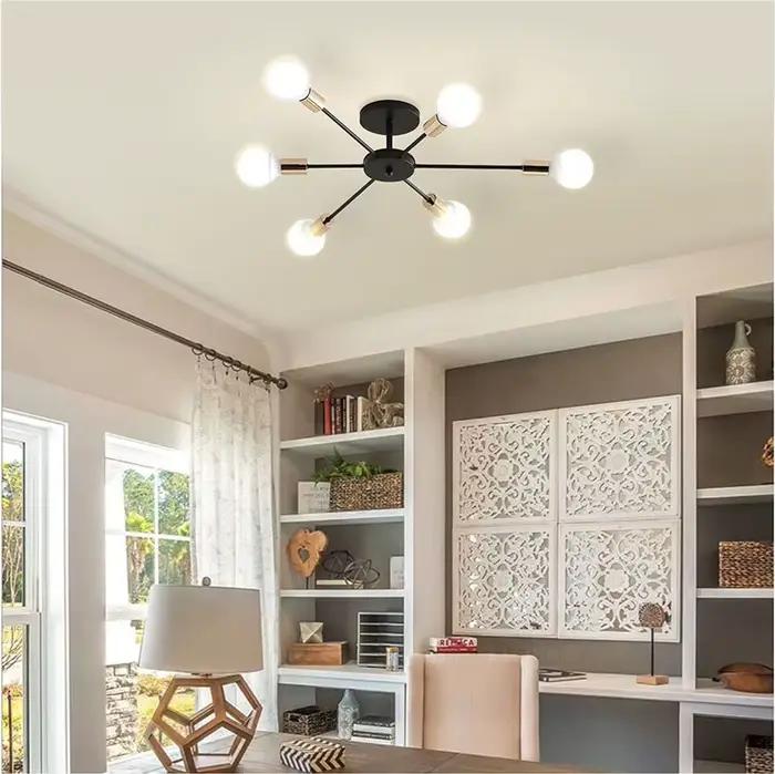 Plafonnier industriel en métal au design moderne, composé de plusieurs luminaires, finition peinte en Sputnik, idéal pour un salon