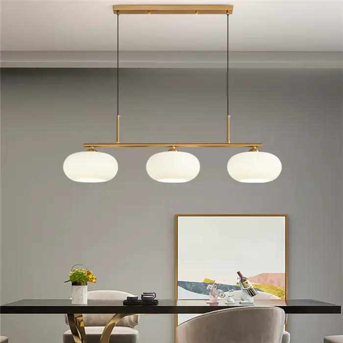 Lampe LED suspendue kaki nordique, abat-jour en verre, style rétro, 3 têtes, pour salon, salle à manger, table en frêne blanc