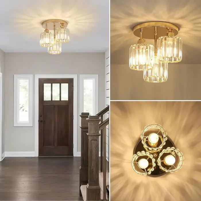Plafonnier moderne semi-encastré à 3 lumières, luminaire en verre cristal doré pour cuisine, couloir, chambre à coucher