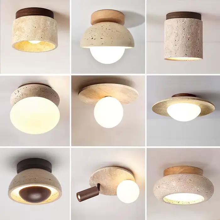 Plafonnier rond en bois travertin style Sabi pour porche balcon et couloir élégance rétro et wabi-sabi atmosphère chaleureuse et sophistiquée