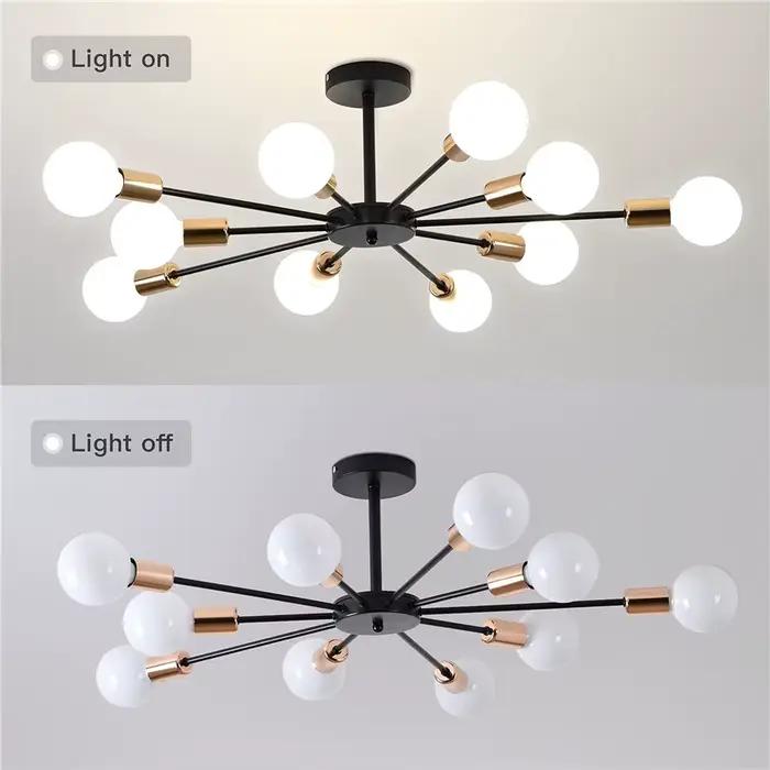 Plafonnier industriel en métal au design moderne, composé de plusieurs luminaires, finition peinte en Sputnik, idéal pour un salon