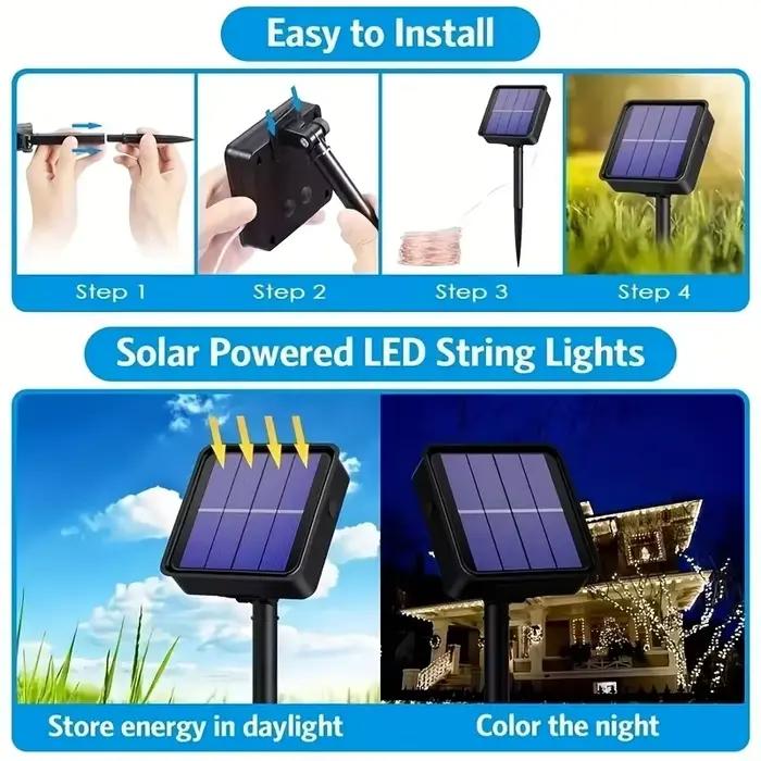 Guirlandes solaires de jardin, 8 modes, IP54, étanches, fil de cuivre, 7M50LED-32M300LED, pour patio, clôture, arbre, mariage, fête, décoration de jardin