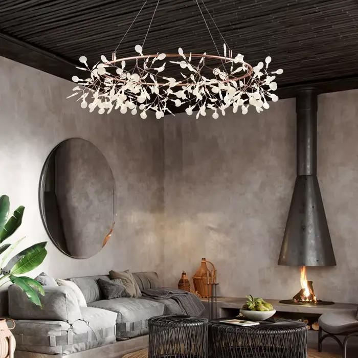 Lustre Nordique Artistique Suspendu pour Salon, Lampe Moderne pour Restaurant et Cuisine, Luminaire Gypsophile Doré Rose/Noir en Forme de Branche Ronde pour Intérieur