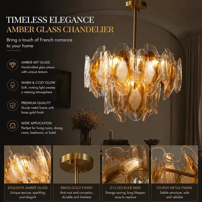 Lustre de luxe en verre ambré français avec anneau en laiton doré pour villa, salon, salle à manger, hall d'hôtel, décoration