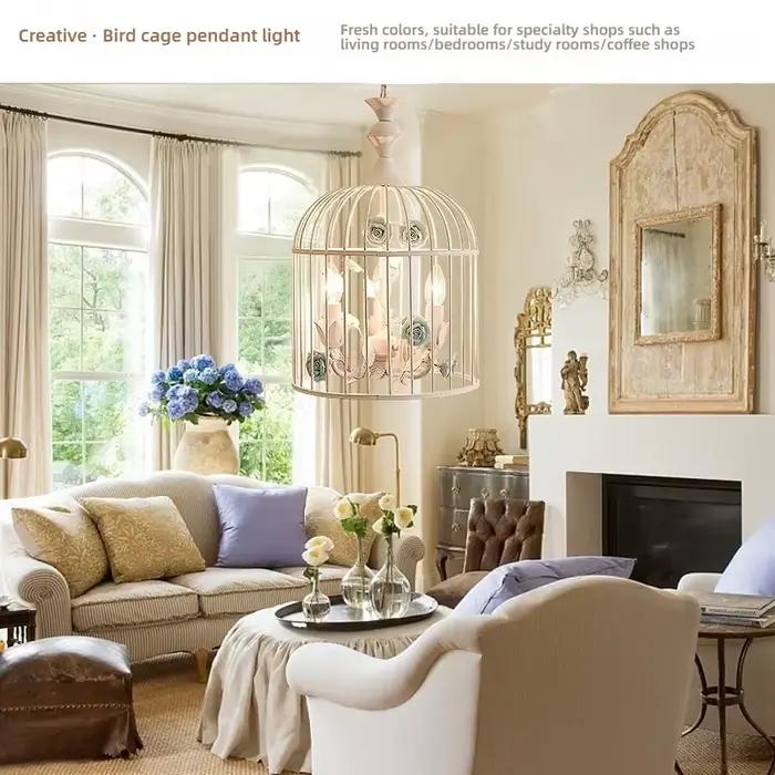 Style Rural en fer forgé cage à oiseaux Led lustre décoration de la maison salon chambre escalier couloir luminaires