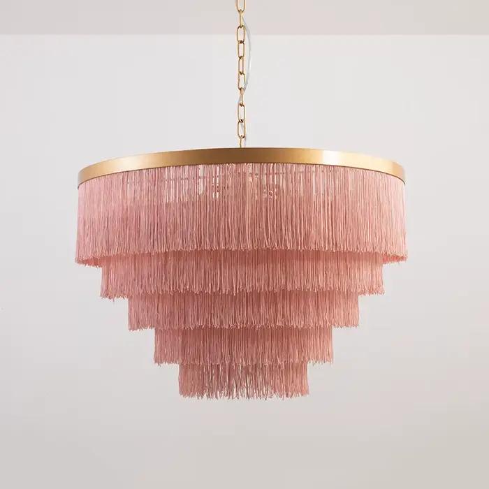 Lustre à pampilles roses, éclairage de chambre à coucher, lustre à franges en fil de coton, chambre de fille, lumières suspendues modernes et mignonnes pour chambre de fille