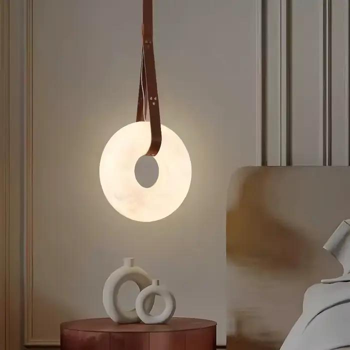 Lampe suspendue moderne en albâtre, style nordique créatif, anneau lumineux pour chambre à coucher, chevet, salle à manger, décoration de luxe, lampe suspendue en pierre