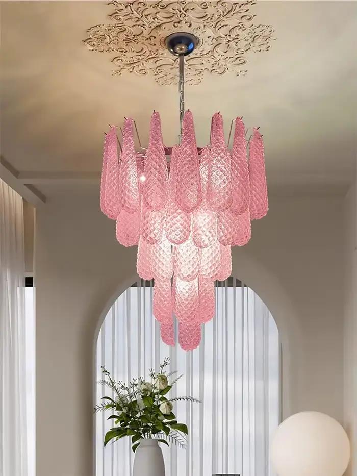 Lustre en verre rose en forme de goutte, lustre en verre de Murano, éclairage moderne du milieu du siècle, décoration de salon, luminaire suspendu pour escalier