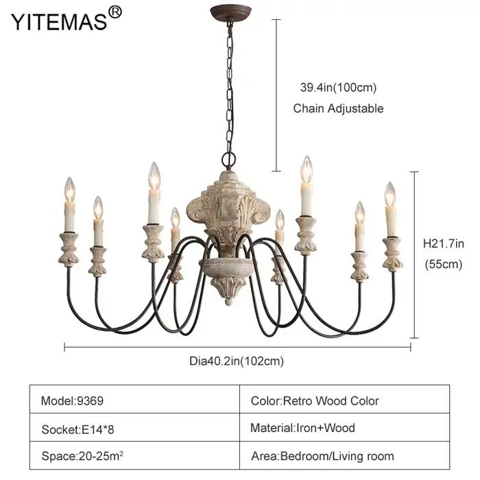 Grand lustre en bois 8 lumières Dia102Cm pour salon Villa hall ferme église rétro grands lustres pour Restaurant boutique