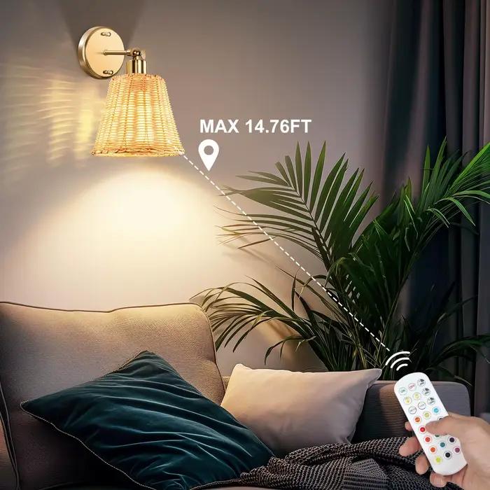 Appliques murales en rotin à bras articulé, abat-jour tissé à la main, 3 couleurs RGB, lumière murale sans fil à intensité variable pour chambre et salon