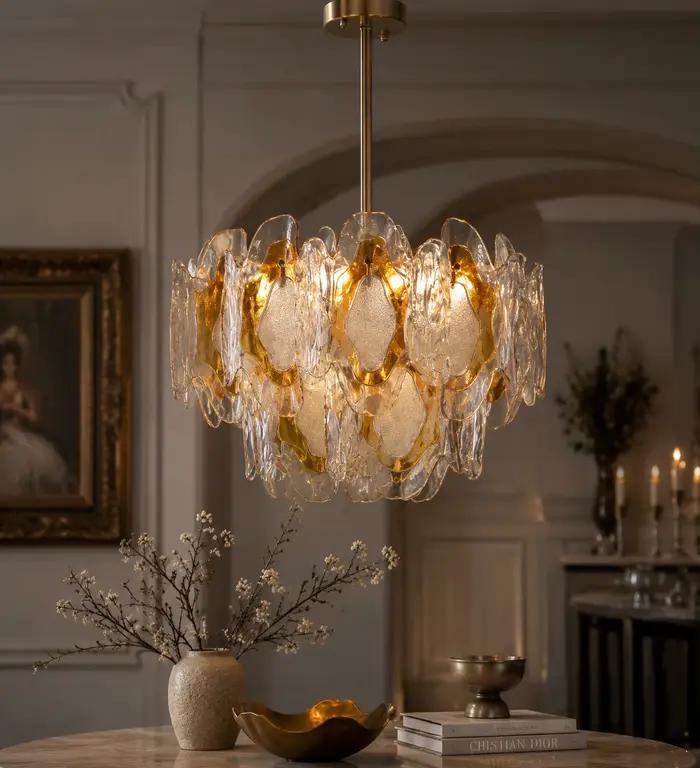 Lustre de luxe en verre ambré français avec anneau en laiton doré pour villa, salon, salle à manger, hall d'hôtel, décoration