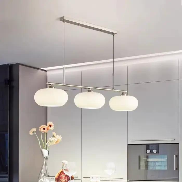 Lampe LED suspendue kaki nordique, abat-jour en verre, style rétro, 3 têtes, pour salon, salle à manger, table en frêne blanc