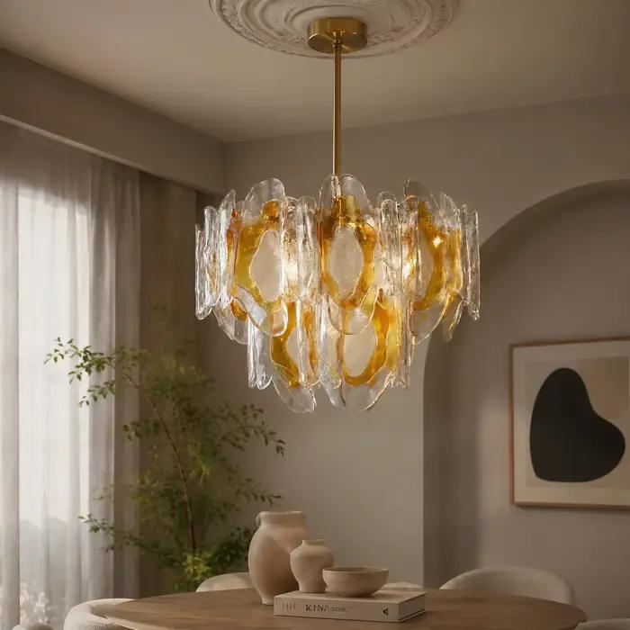 Lustre de luxe en verre ambré français avec anneau en laiton doré pour villa, salon, salle à manger, hall d'hôtel, décoration