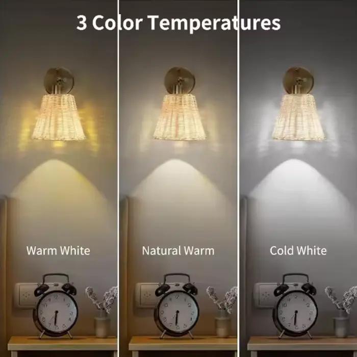 Appliques murales en rotin à bras articulé, abat-jour tissé à la main, 3 couleurs RGB, lumière murale sans fil à intensité variable pour chambre et salon
