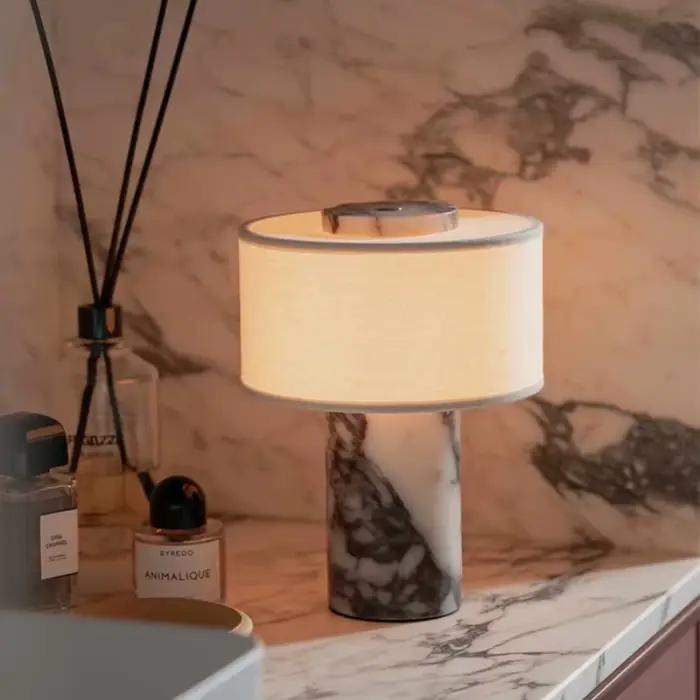 Lampe de chevet de luxe en marbre naturel, lampe de table portable, abat-jour en tissu, lampe de bureau à intensité variable tactile, salon, chambre à coucher