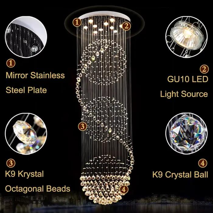 Lustre en cristal moderne spectaculaire, luminaire de plafond LED en forme de spirale, boule de pluie K9, pour salon, hôtel, couloir, hall d'entrée