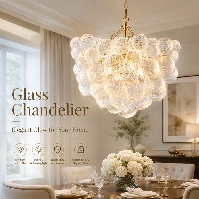 Lustre en verre à bulles, suspension transparente texturée en forme de boule, doré, pour salon, salle à manger, hall d'entrée, luminaire décoratif de plafond