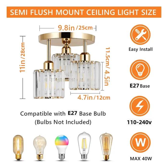 Plafonnier moderne semi-encastré à 3 lumières, luminaire en verre cristal doré pour cuisine, couloir, chambre à coucher