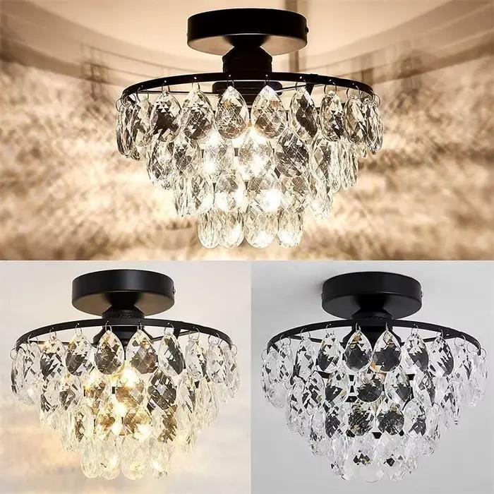 Plafonnier semi-encastré de Style français, petit lustre moderne en cristal doré/noir/argent pour couloir et vestiaire
