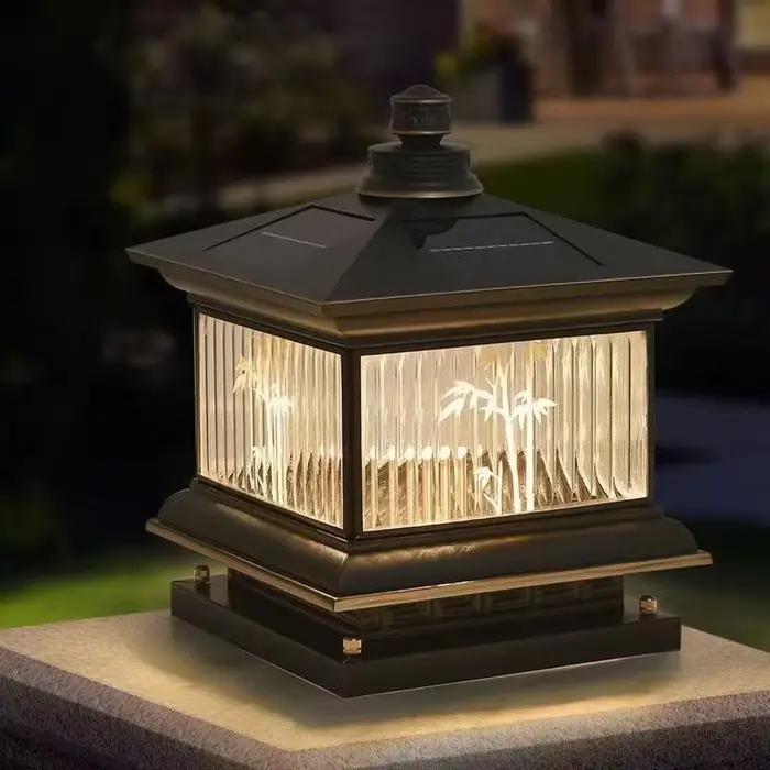 Lampe solaire extérieure en laiton, style vintage, créative, chinoise, en laiton, pour poteau, LED, étanche IP65, pour maison, villa, cour