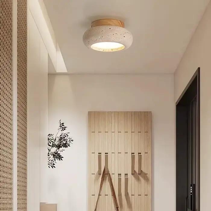 Nordique moderne Simple Ellipse naturel jaune travertin plafonnier lampara De Techo bois auvent LED plafonnier