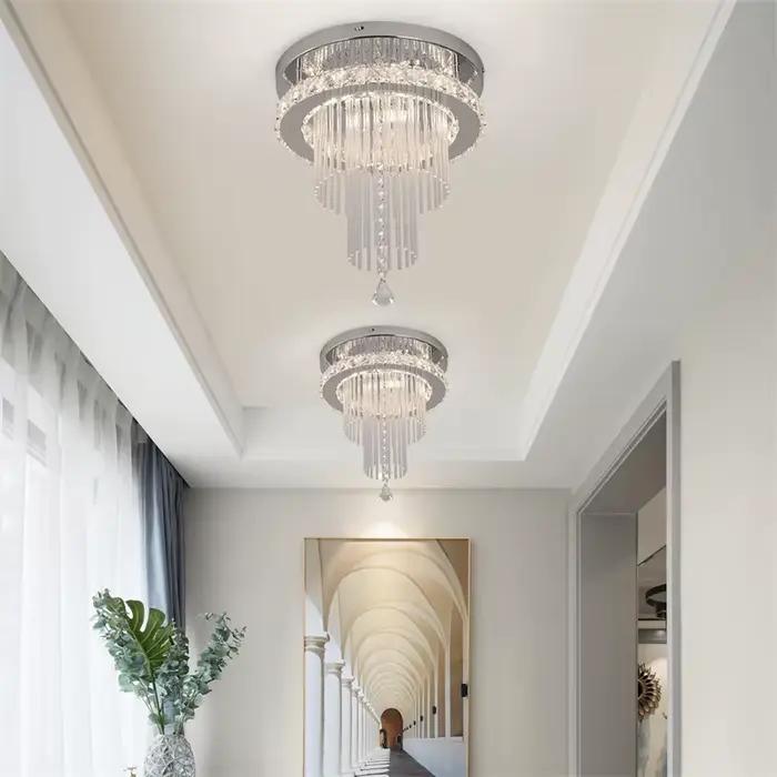 Lustre en cristal chromé plafonniers Led encastré luminaire en acier inoxydable allée lumière Lustre salle à manger salon décor