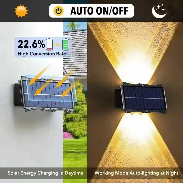 Projecteur Mural Solaire à Éclairage Haut et Bas, Lampes Solaires Extérieures pour Clôture, Lampe Murale Étanche pour Garage, Cour, Allée, Porche, Décoration