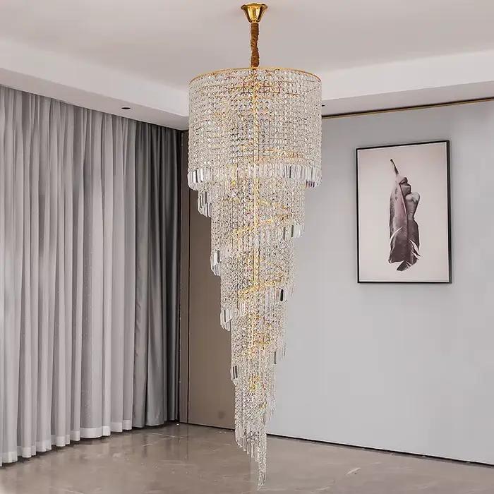 Lustre long en cristal pour escalier, lampe suspendue créative, luminaire LED de luxe pour la décoration de la maison, lustre moderne doré pour hall d'entrée