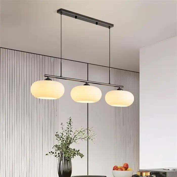 Lampe LED suspendue kaki nordique, abat-jour en verre, style rétro, 3 têtes, pour salon, salle à manger, table en frêne blanc