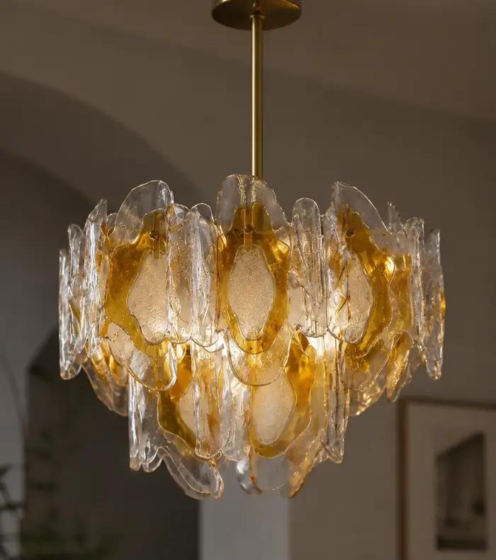 Lustre de luxe en verre ambré français avec anneau en laiton doré pour villa, salon, salle à manger, hall d'hôtel, décoration
