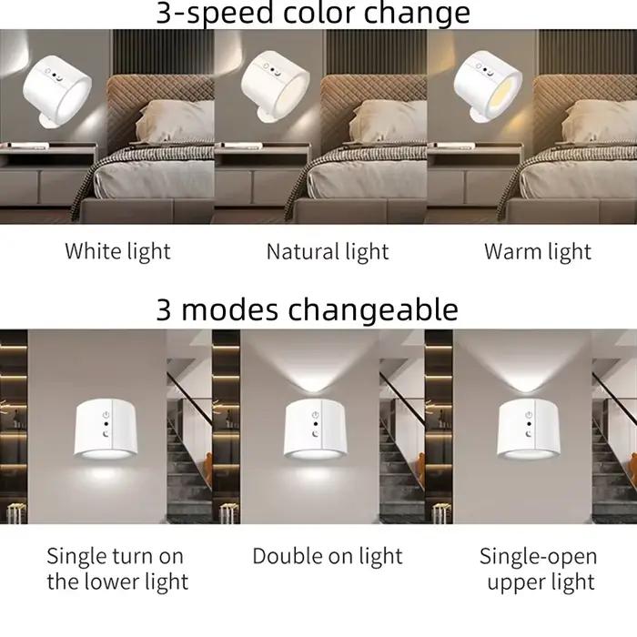 Mur LED lumière Rechargeable tactile Double tête applique 360 rotatif 3 couleurs appliques lumière sans fil veilleuses pour chambre