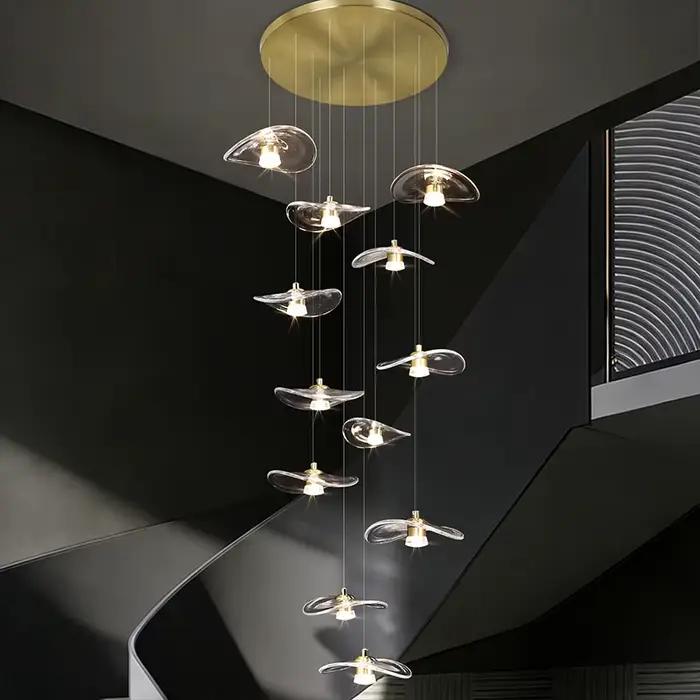 Lustre en pierre de verre moderne et minimaliste pour escalier haute plafond villa duplex loft éclairage suspendu led inclusion ampoules