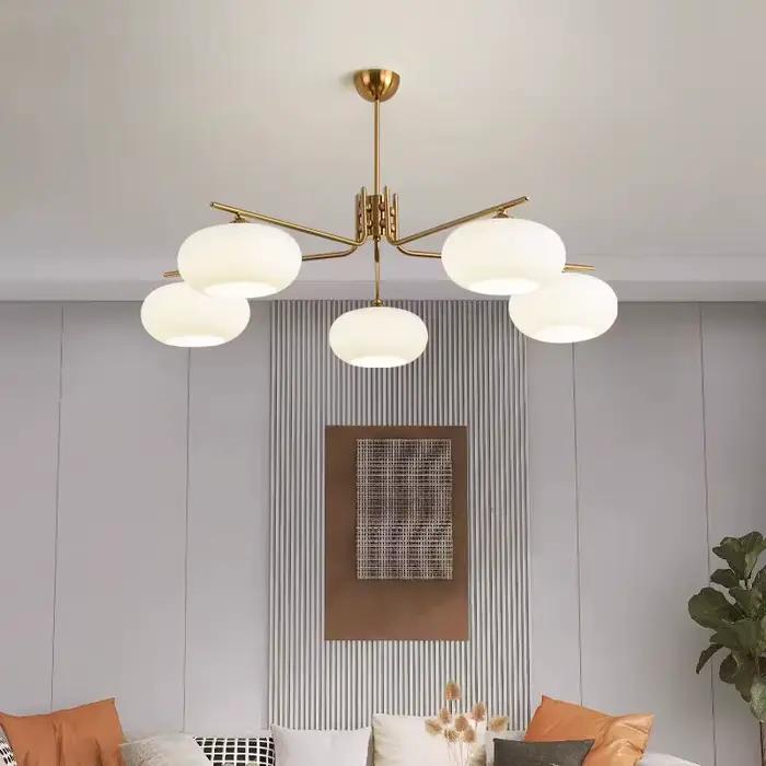 Lampe LED suspendue kaki nordique, abat-jour en verre, style rétro, 3 têtes, pour salon, salle à manger, table en frêne blanc