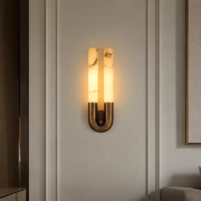 Applique murale rétro en albâtre, lampe de chevet en marbre en forme de U en cuivre pour salon, chambre, couloir, décoration artistique, luminaire LED