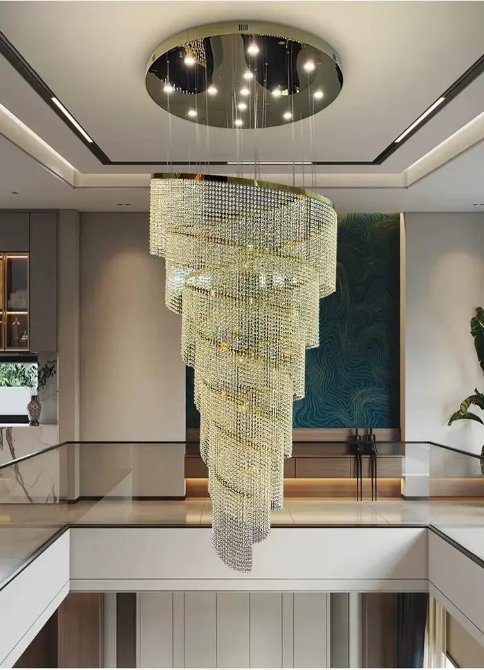 Lustre d'escalier en cristal créatif lampe de conception en spirale moderne led luminaire rond de luxe nouveau lustre rond en or chromé pour salon chambre principale salle à manger occasions spéciales
