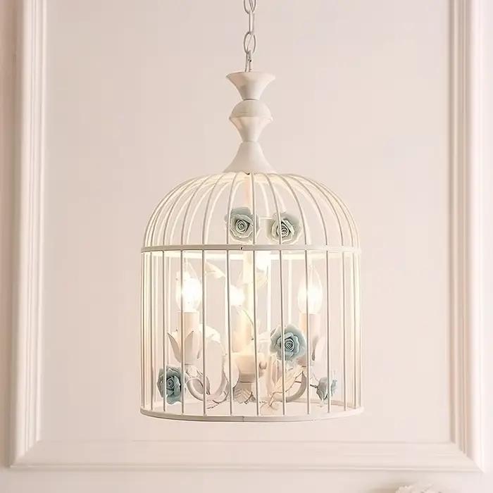Style Rural en fer forgé cage à oiseaux Led lustre décoration de la maison salon chambre escalier couloir luminaires
