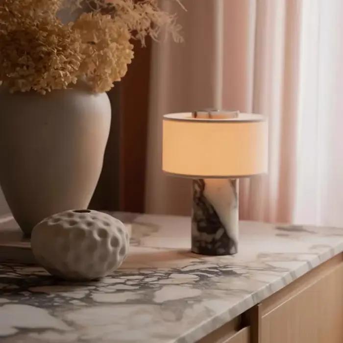 Lampe de table Blossholm, style rétro luxueux, en marbre naturel, abat-jour en tissu, décoration de salon, chambre à coucher, lampe de chevet.
