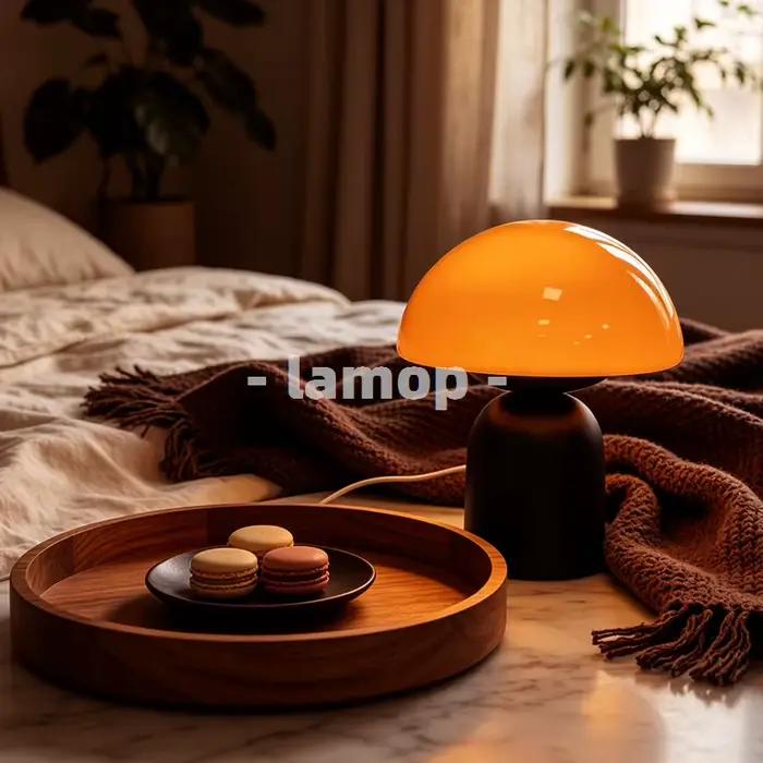 Lampe de table demi-dôme en forme de champignon, base épaisse, orange brillant, crème, 3 tons de lumière douce, motif crème glacée, pour bureau et décoration