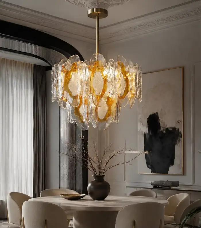 Lustre de luxe en verre ambré français avec anneau en laiton doré pour villa, salon, salle à manger, hall d'hôtel, décoration