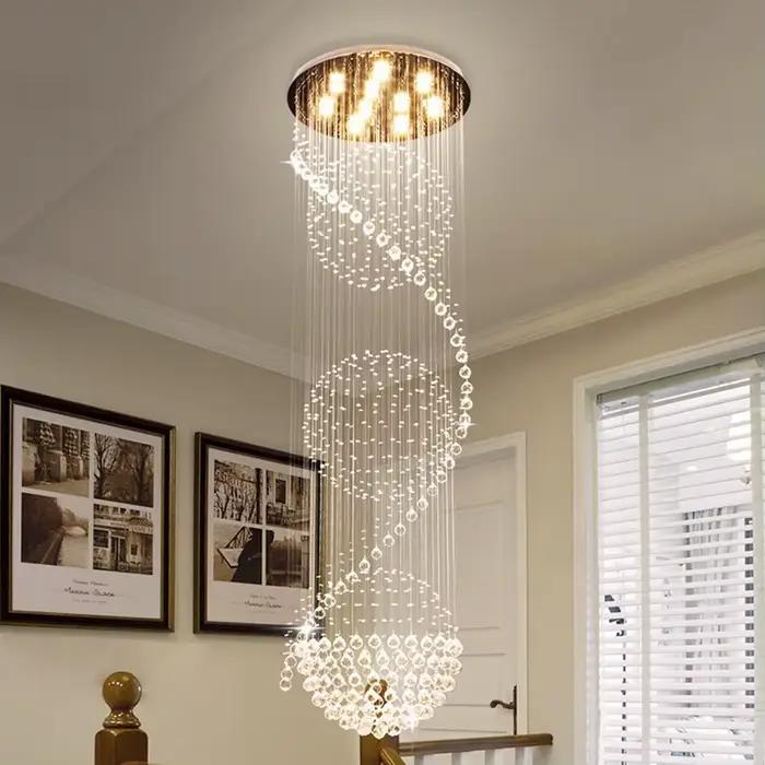 Lustre en cristal moderne spectaculaire, luminaire de plafond LED en forme de spirale, boule de pluie K9, pour salon, hôtel, couloir, hall d'entrée