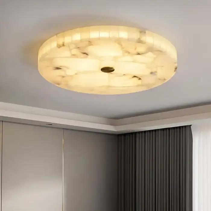 Plafonnier LED rond en marbre espagnol, moderne, tout en cuivre, Style chinois, luminaire décoratif pour salon et chambre à coucher