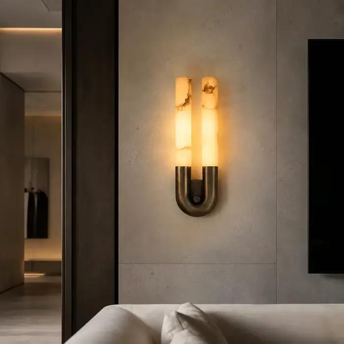 Applique murale rétro en albâtre, lampe de chevet en marbre en forme de U en cuivre pour salon, chambre, couloir, décoration artistique, luminaire LED
