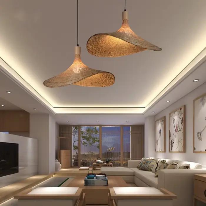 COOINJOY lampe suspendue en bambou 50 cm tissé à la main Wabi-sabi lustre en rotin Design de chapeau rétro pour chambre salle à manger plafonnier