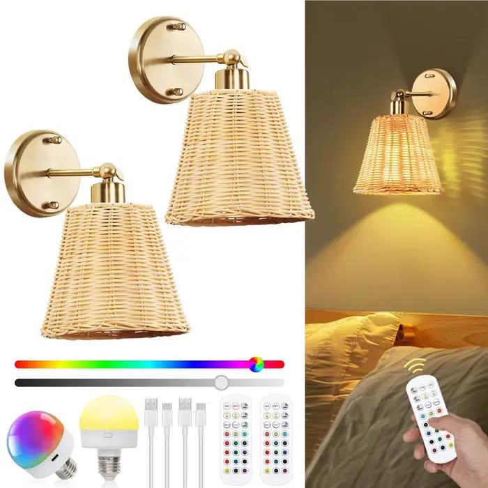 Appliques murales en rotin à bras articulé, abat-jour tissé à la main, 3 couleurs RGB, lumière murale sans fil à intensité variable pour chambre et salon