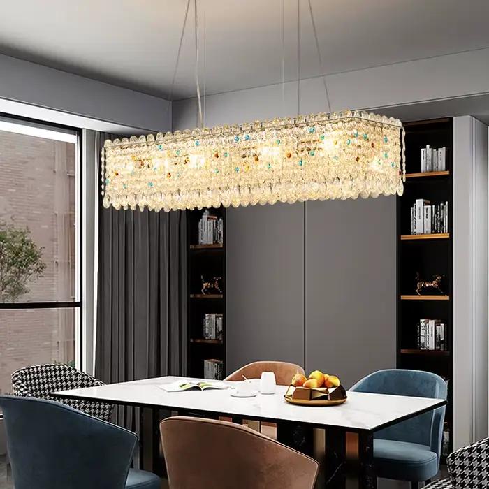 Lustre en cristal de luxe moderne doré pour décoration de salle à manger et îlot de cuisine avec technologie LED et finition chrome poli