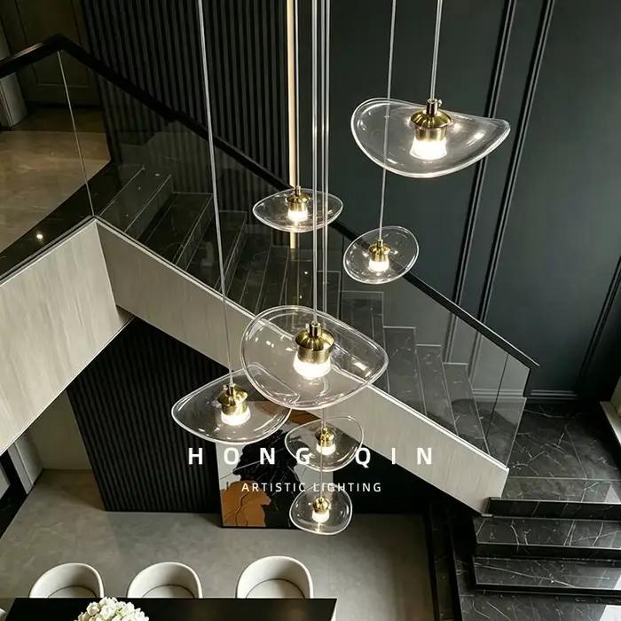 Lustre en pierre de verre moderne et minimaliste pour escalier haute plafond villa duplex loft éclairage suspendu led inclusion ampoules